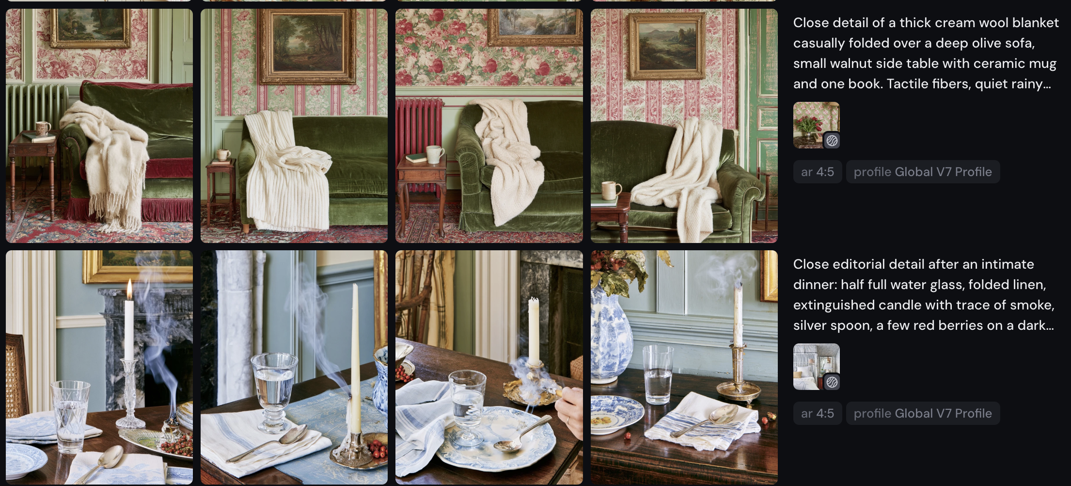 Midjourney workspace showing two rows of four generated variations, with reference thumbnails and prompt excerpts: green velvet and cream textiles above, candlelit table details below