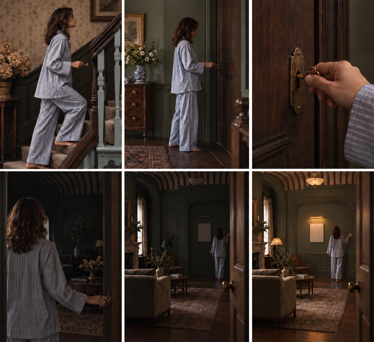 The Key preproduction storyboard: stairs, key, dark room and light reveal